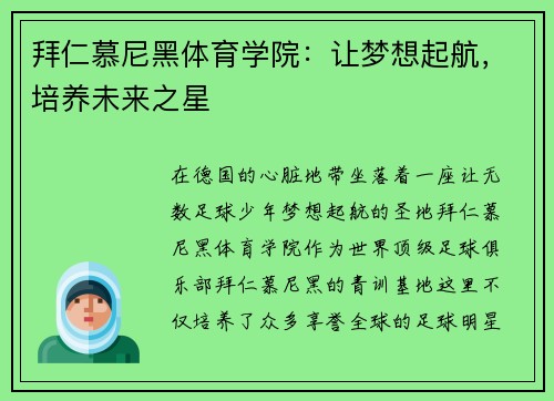 拜仁慕尼黑体育学院：让梦想起航，培养未来之星